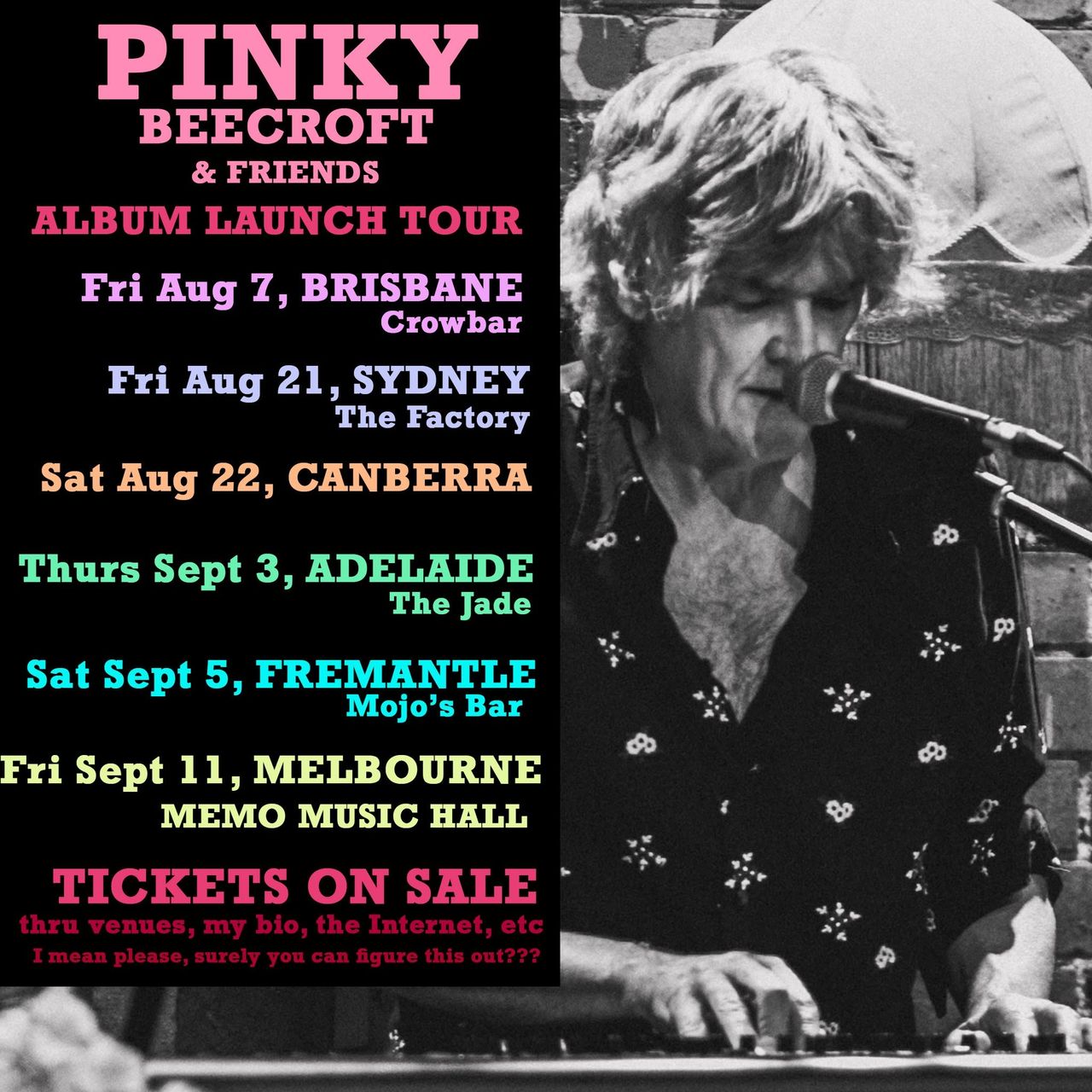 Tour poster for Pinky Beecroft & Friends Album Launch Tour listing Australian show dates alongside a black and white photo of him performing.